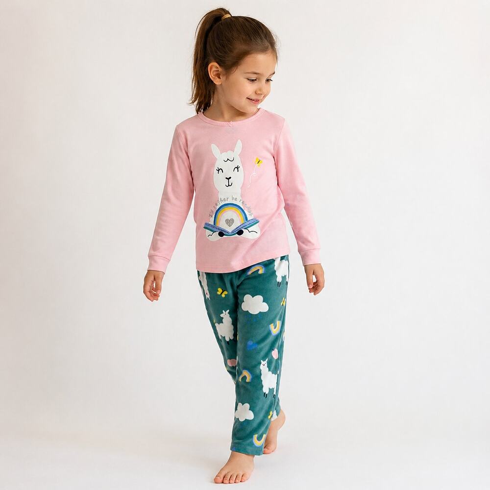 Carter’s Llama Pajama Set Girls Size 4 Pink Top Green Fleece NWT